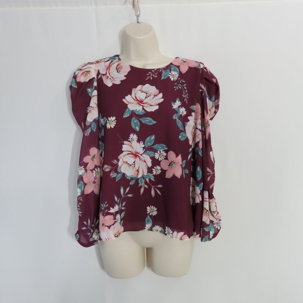 Yumi Kim Andy Top Bella Rose Maroon Round Neck Puffy Long Sleeves Size Small